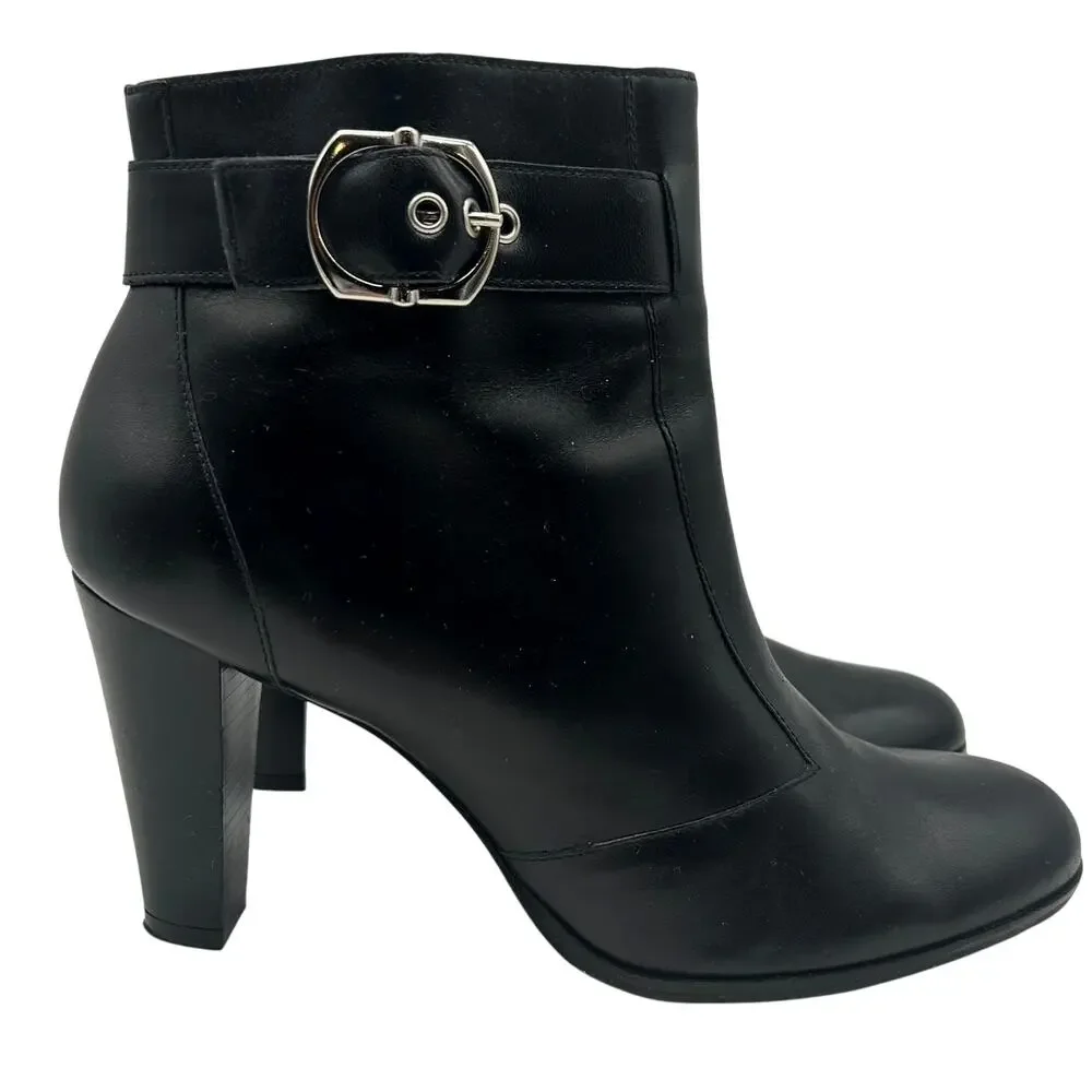 Antonio Melani Black Leather Ankle Bootie 8.5 Buckle Classic Fall Edgy Chic